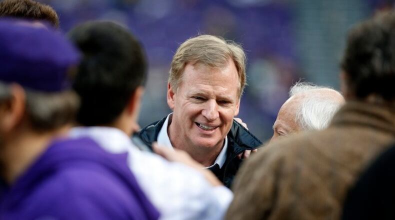 NFL Commissioner Roger Goodell watches before an NFL football game between the Minnesota Vikings and Green Bay Packers in Minneapolis, Sunday, Oct. 15, 2017. (AP Photo/Bruce Kluckhohn)