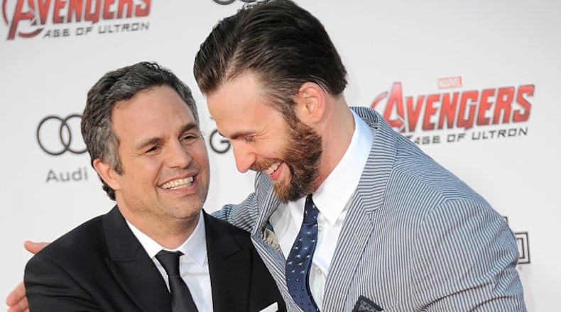 Chris Evans and Mark Ruffalo, shown here at the Hollywood premiere of Marvel's "Avengers Age Of Ultron" in 2015, have been in Atlanta filming the latest "Avengers" project. Photo: Getty Images