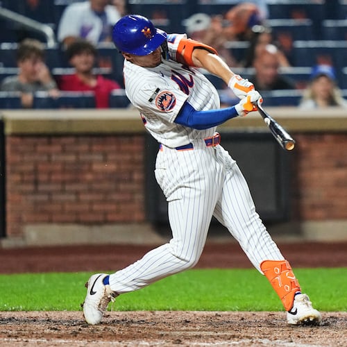 New York Mets' Tyrone Taylor hits a three-run home run during the seventh inning of a baseball game against the Atlanta Braves Monday, July 27, 2026, in New York. (AP Photo/Frank Franklin II)