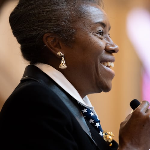 Republican gubernatorial candidate and current Lt. Gov. Winsome Earle-Sears resides over the Virginia Senate during a special legislative session, Wednesday, Oct. 29, 2025, Richmond, Va. (Mike Kropf/Richmond Times-Dispatch via AP)