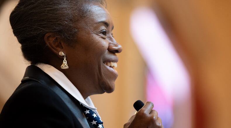Republican gubernatorial candidate and current Lt. Gov. Winsome Earle-Sears resides over the Virginia Senate during a special legislative session, Wednesday, Oct. 29, 2025, Richmond, Va. (Mike Kropf/Richmond Times-Dispatch via AP)
