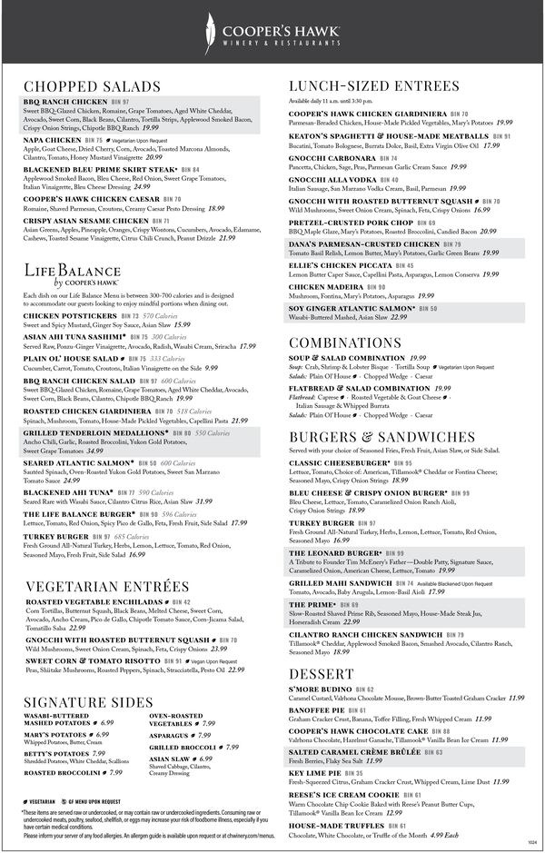 Coopers Hawk menu