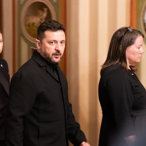 Ukraine's President Volodymyr Zelenskyy arrives to the Capitol building, Tuesday, July 28, 2026, in Washington. (AP Photo/Allison Robbert)