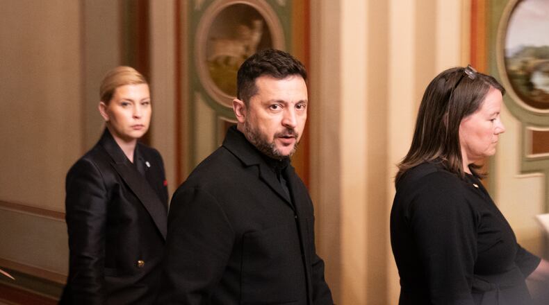 Ukraine's President Volodymyr Zelenskyy arrives to the Capitol building, Tuesday, July 28, 2026, in Washington. (AP Photo/Allison Robbert)