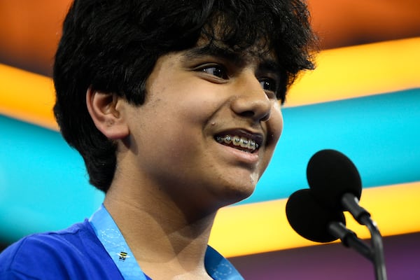 FILE - Dev Shah, 14, from Largo, Fla., competes during the Scripps National Spelling Bee finals, June 1, 2023, in Oxon Hill, Md. (AP Photo/Nick Wass, File)