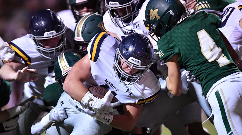 August 27, 2021 Roswell - Marist's Jackson Hughes (41) falls into the end zone for a touchdown in the second half at Blessed Trinity Catholic High School in Roswell on Friday, August 27, 2021. Marist won 28-13 over Blessed Trinity. (Hyosub Shin / Hyosub.Shin@ajc.com)