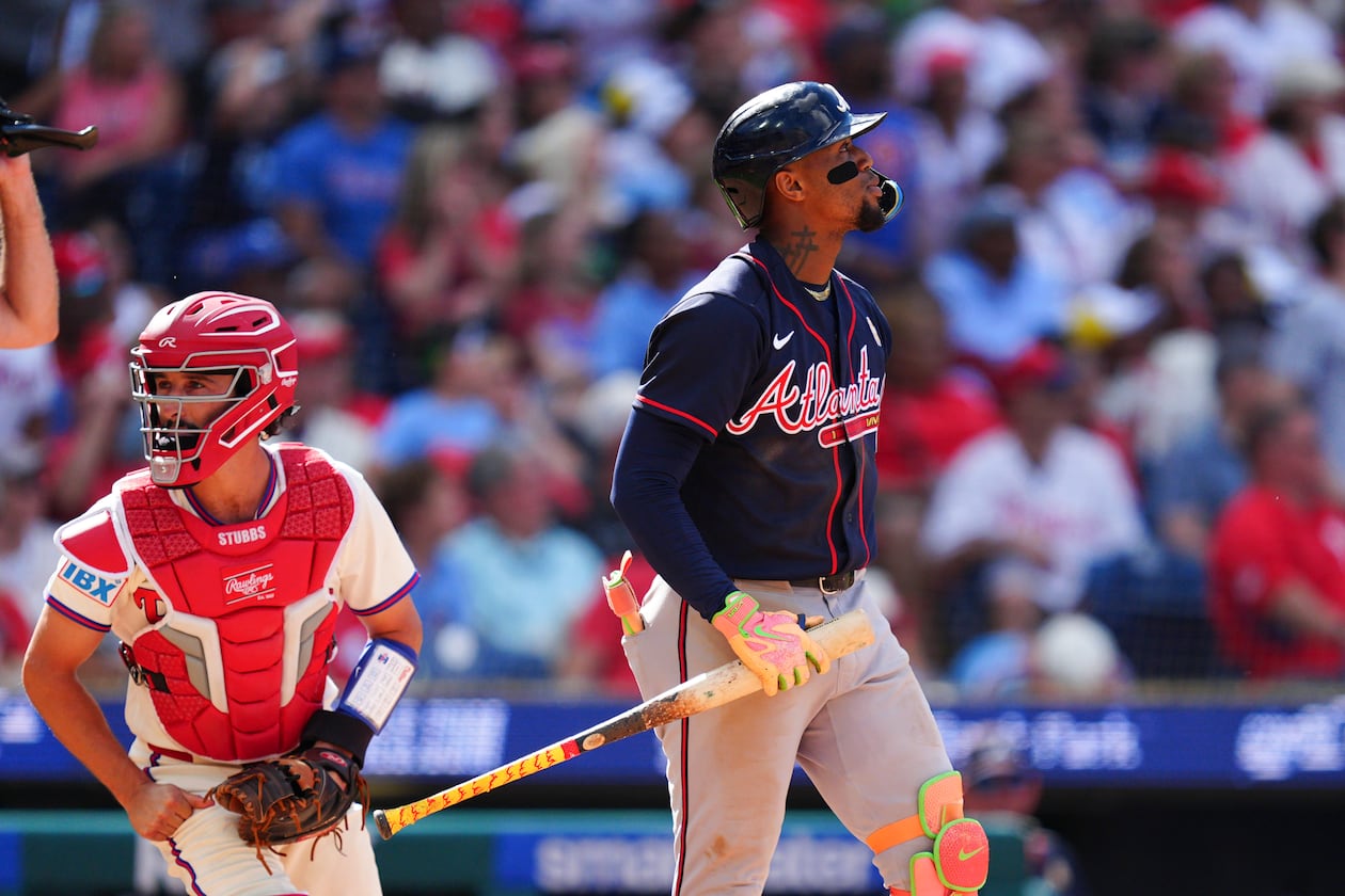 Atlanta Braves' Ronald Acuña Jr. watches his three-run home run off Philadelphia Phillies pitcher Alex McFarlane during the eighth inning of a baseball game, Sunday, Sept. 6, 2026, in Philadelphia. (Derik Hamilton/AP)