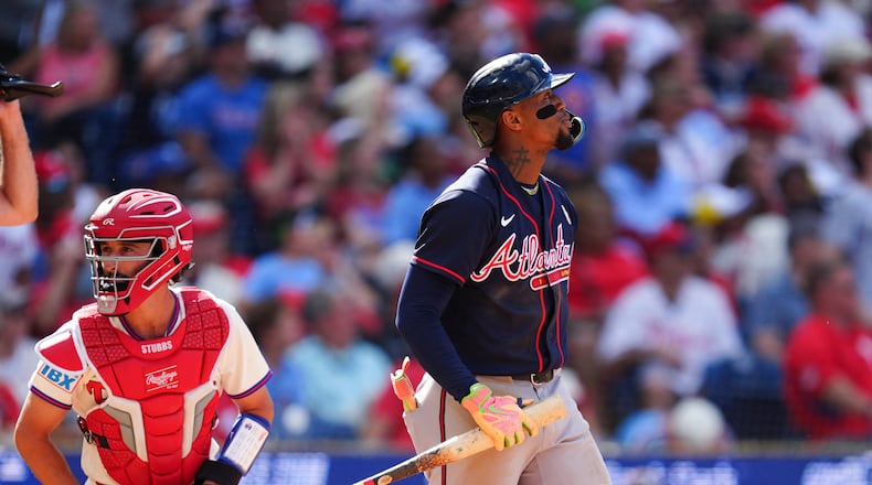 Atlanta Braves' Ronald Acuña Jr. watches his three-run home run off Philadelphia Phillies pitcher Alex McFarlane during the eighth inning of a baseball game, Sunday, Sept. 6, 2026, in Philadelphia. (Derik Hamilton/AP)
