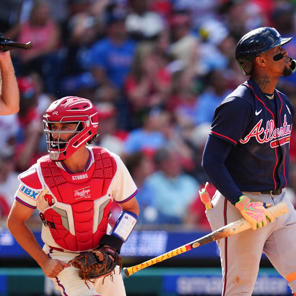 Atlanta Braves' Ronald Acuña Jr. watches his three-run home run off Philadelphia Phillies pitcher Alex McFarlane during the eighth inning of a baseball game, Sunday, Sept. 6, 2026, in Philadelphia. (Derik Hamilton/AP)