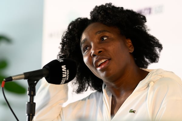 Venus Williams speaks to the media during a news conference at the Citi Open tennis tournament Sunday, July 20, 2025, in Washington. (AP Photo/Nick Wass)