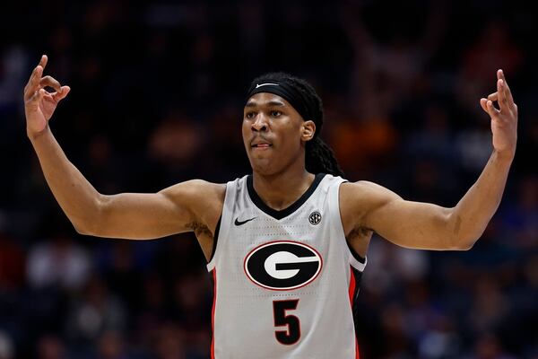 Georgia guard Silas Demary Jr. celebrates a 3-pointer during the Bulldogs' recent SEC Tournament game against Oklahoma.