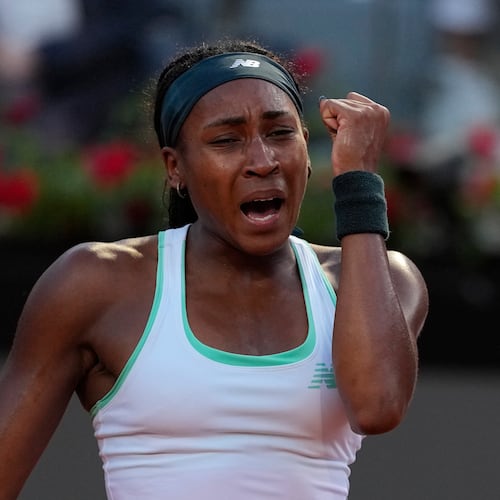 United States' Coco Gauff reacts as she plays against Ukraine's Elina Svitolina during their women's final match at the Italian Open tennis tournament in Rome, Saturday, May 16, 2026. (AP Photo/Alessandra Tarantino)