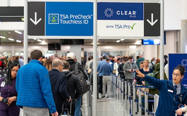 Morning travelers enter the TSA Precheck line at Hartsfield-Jackson Atlanta International Airport on Monday, Feb 23, 2026. (Ben Hendren for the AJC)