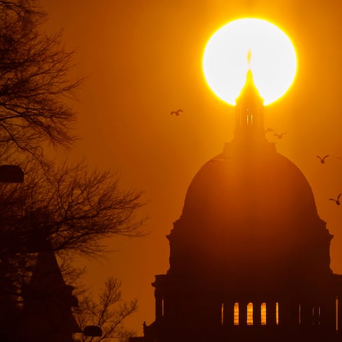 FILE - Birds fly near the U.S. Capitol during sunrise, Feb. 13, 2026, in Washington. (AP Photo/Tom Brenner, File)