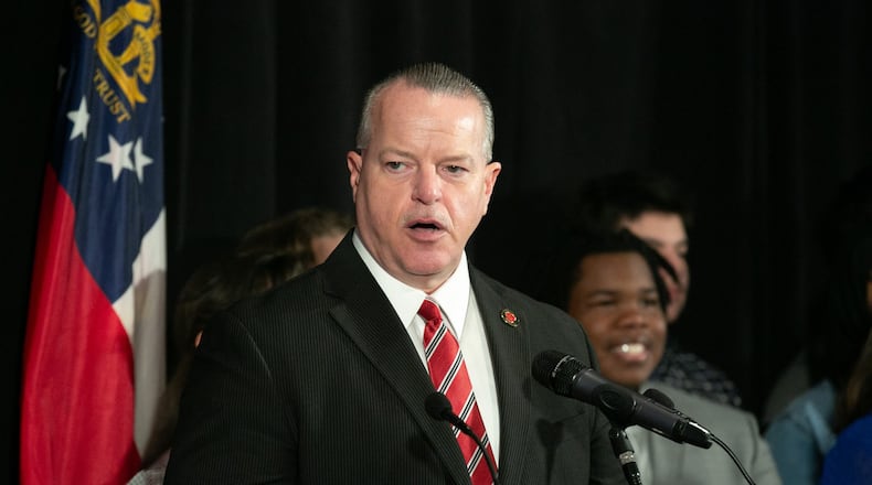 Cobb County School District Superintendent Chris Ragsdale speaks before a tour of McEachern High School in Powder Springs, Georgia, on Thursday, February 13, 2020. (Photo/Rebecca Wright for the AJC)