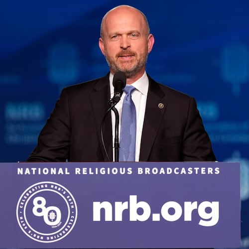 FILE - Kevin Roberts, president of The Heritage Foundation, speaks at the National Religious Broadcasters convention at the Gaylord Opryland Resort and Convention Center Feb. 22, 2024, in Nashville, Tenn. (AP Photo/George Walker IV, File)