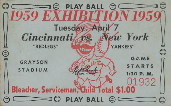 Major League baseball teams played exhibition games at Grayson Stadium each April as they returned north from spring training in Florida. The New York Yankees were a frequent visitor, including for a 1959 game against Cincinnati. (Courtesy of Georgia Historical Society)