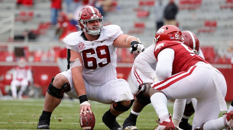 Alabama's Landon Dickerson won the Dave Rimington Award as the top center in the nation last season. (Associated Press)