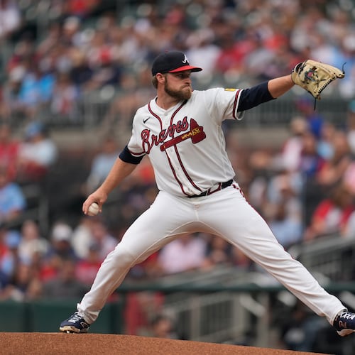 Atlanta Braves pitcher Bryce Elder (55) works in the first inning of a baseball game against the Miami Marlins, Wednesday, Aug. 5, 2026, in Atlanta. (AP Photo/Mike Stewart)