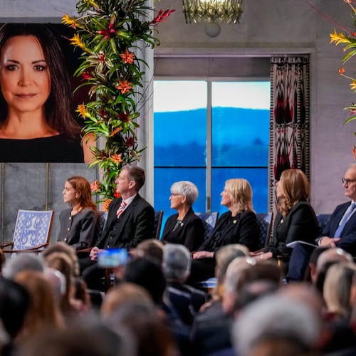 A picture of Nobel Peace Prize laureate Maria Corina Machado during the Nobel Peace Prize award ceremony at Oslo City Hall, in Oslo, Norway, Wednesday Dec. 10, 2025. (Ole Berg-Rusten/NTB Scanpix, Pool via AP)