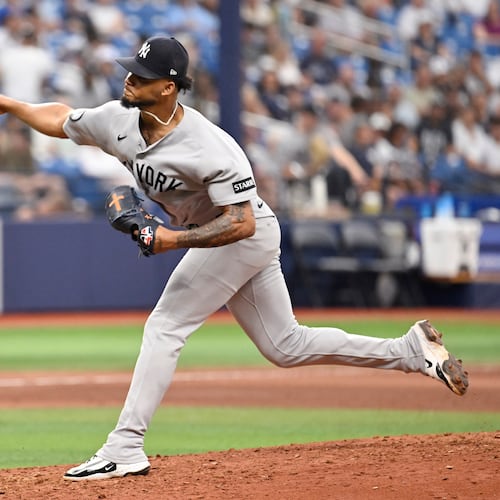 New York Yankees pitcher Camilo Doval throws during the fifth inning of a baseball game against the Tampa Bay Rays Thursday, July 9, 2026, in St. Petersburg, Fla. (AP Photo/Jason Behnken)