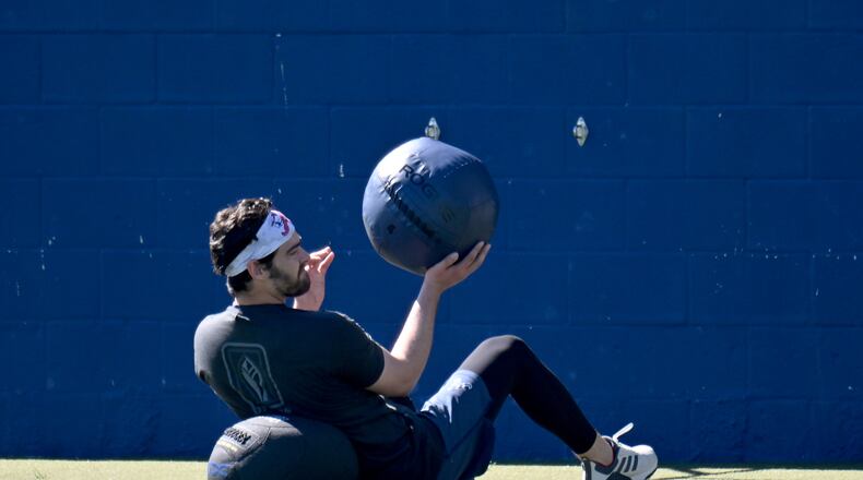 Braves starting pitcher Ian Anderson works on strength and conditioning during the first full-squad spring training workout at CoolToday Park, Tuesday, Feb., 20, 2024, in North Port, Florida. (Hyosub Shin / Hyosub.Shin@ajc.com)