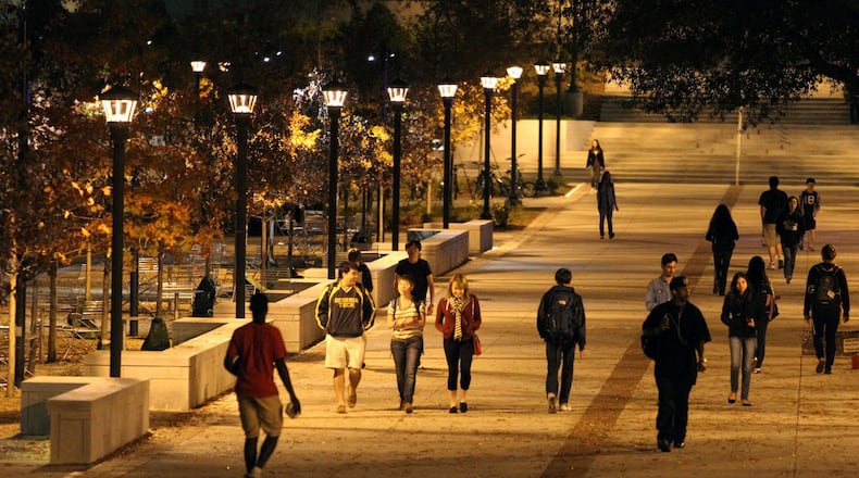 University System of Georgia Chancellor Hank Huckaby in August launched a task force to examine student safety at Georgia Tech, pictured here, and the state’s 30 other public institutions. The committee will focus on the safety training and performance of campus officers, along with consistency and quality of reporting under the Clery Act. Georgia Tech, in the heart of Atlanta, makes lighting students’ walkways a priority for campus safety. JASON GETZ / AJC FILE