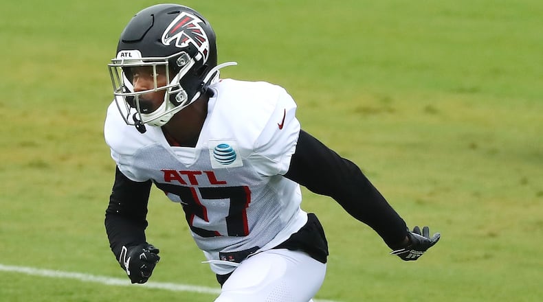 Falcons safety Damontae Kazee works on defense during the second scrimmage Monday, August 24, 2020 in Flowery Branch.  Curtis Compton ccompton@ajc.com