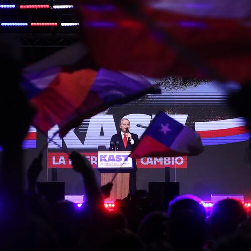 Presidential candidate Jose Antonio Kast of the Republican Party, addresses supporters after early results in the general elections in Santiago, Chile, Sunday, Nov. 16, 2025. (AP Photo/Cristobal Escobar)