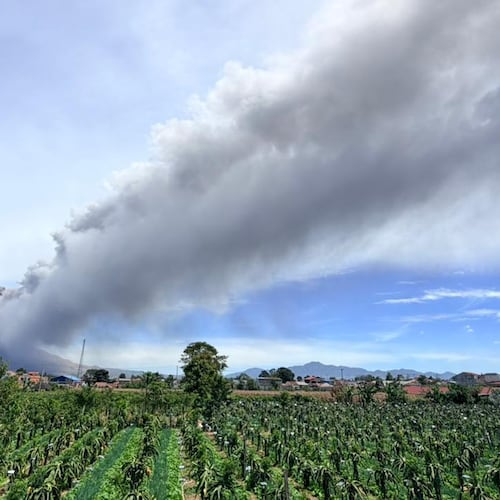 In this photo released by the Geological Agency (Badan Geologi) of Indonesia's Ministry of Energy and Mineral Resources, Mount Sinabung releases volcanic materials into the air during an eruption in Karo, North Sumatra, Indonesia, Monday, Aug. 31, 2026. (Badan Geologi via AP)