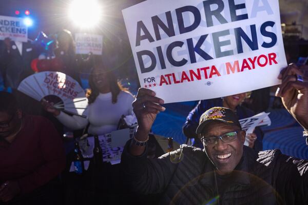 Rufus Pounds cheers at Mayor Andre Dickens’ election day watch party at the Hyatt Regency hotel in Atlanta on Tuesday, November 4, 2025. (Arvin Temkar / AJC)
