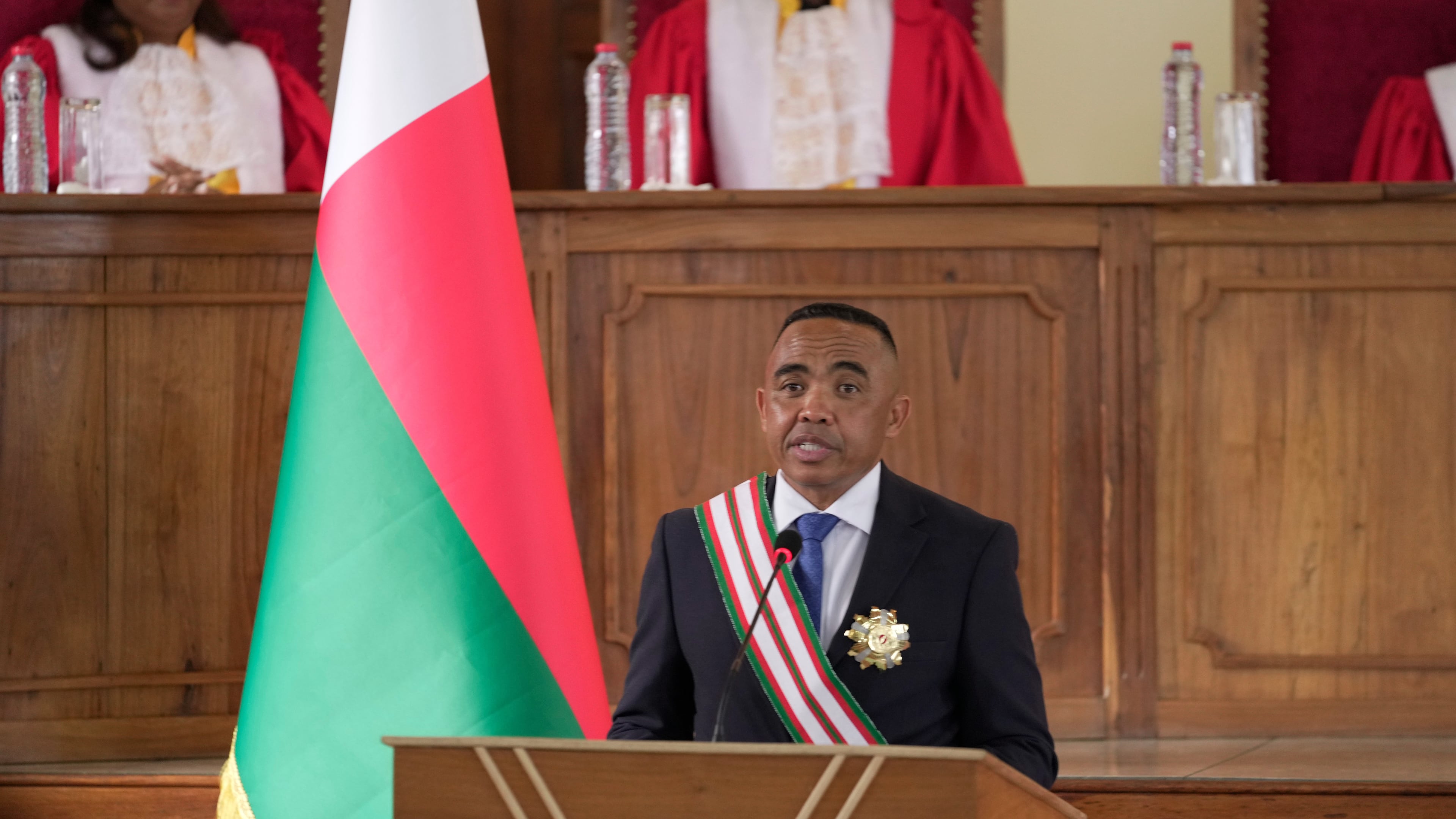 Col. Michael Randrianirina delivers his speech at the high constitutional court after being sworn in as president in Antananarivo, Madagascar, Friday, Oct. 17, 2025. (AP Photo/ Brian Inganga)