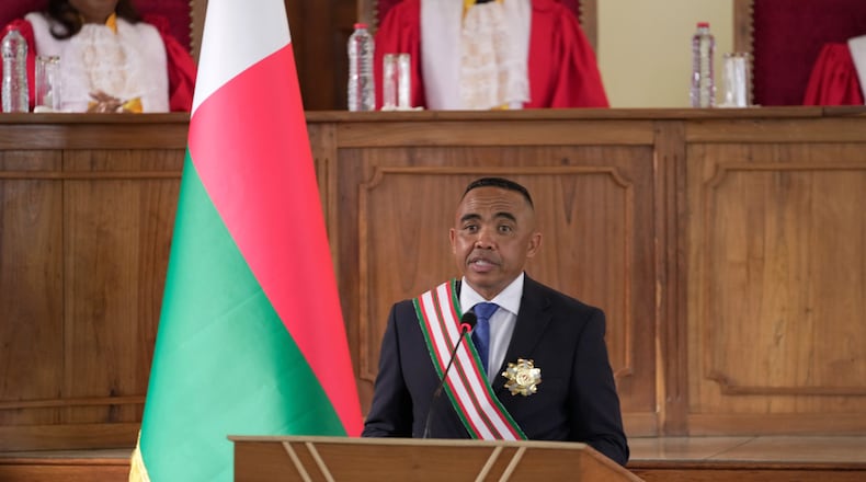 Col. Michael Randrianirina delivers his speech at the high constitutional court after being sworn in as president in Antananarivo, Madagascar, Friday, Oct. 17, 2025. (AP Photo/ Brian Inganga)