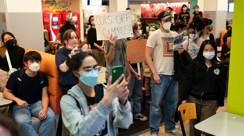 Pro-Palestinian protesters occupy a dining hall at Emory University in Atlanta on Friday, April 26 2024. In many students’ eyes, the war in Gaza is linked to other issues, such as policing, mistreatment of Indigenous people, racism and the impact of climate change. (Nicole Craine/The New York Times)