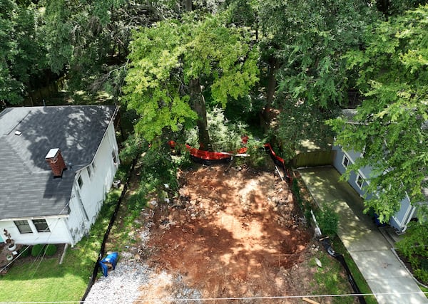 An aerial photo show a property with several trees marked for removal in Reynoldstown on Thursday, September 8, 2022. (Hyosub Shin/AJC)