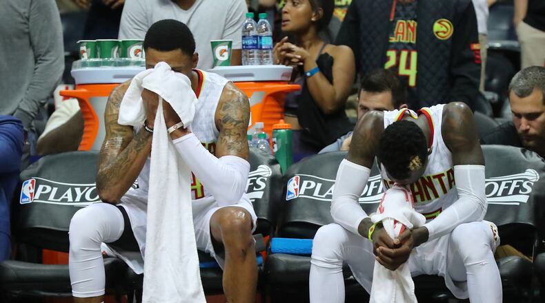 April 28, 2017, Atlanta: Atlanta Hawks Kent Bazemore and Dennis Schroder sit dejected on the bench in the final minute of a 115-99 loss to the Washington Wizards in game 6 of a first-round NBA basketball playoff series on Friday, April 28, 2017, in Atlanta. Curtis Compton/ccompton@ajc.com
