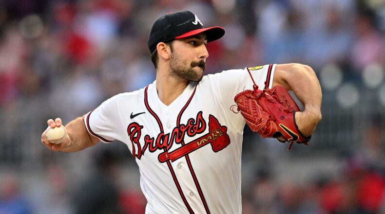 Atlanta Braves starting pitcher Spencer Strider throws a pitch against the Philadelphia Phillies during the first inning at Truist Park, Tuesday, Sept. 19, 2023, in Atlanta. (Hyosub Shin/The Atlanta Journal-Constitution/TNS)