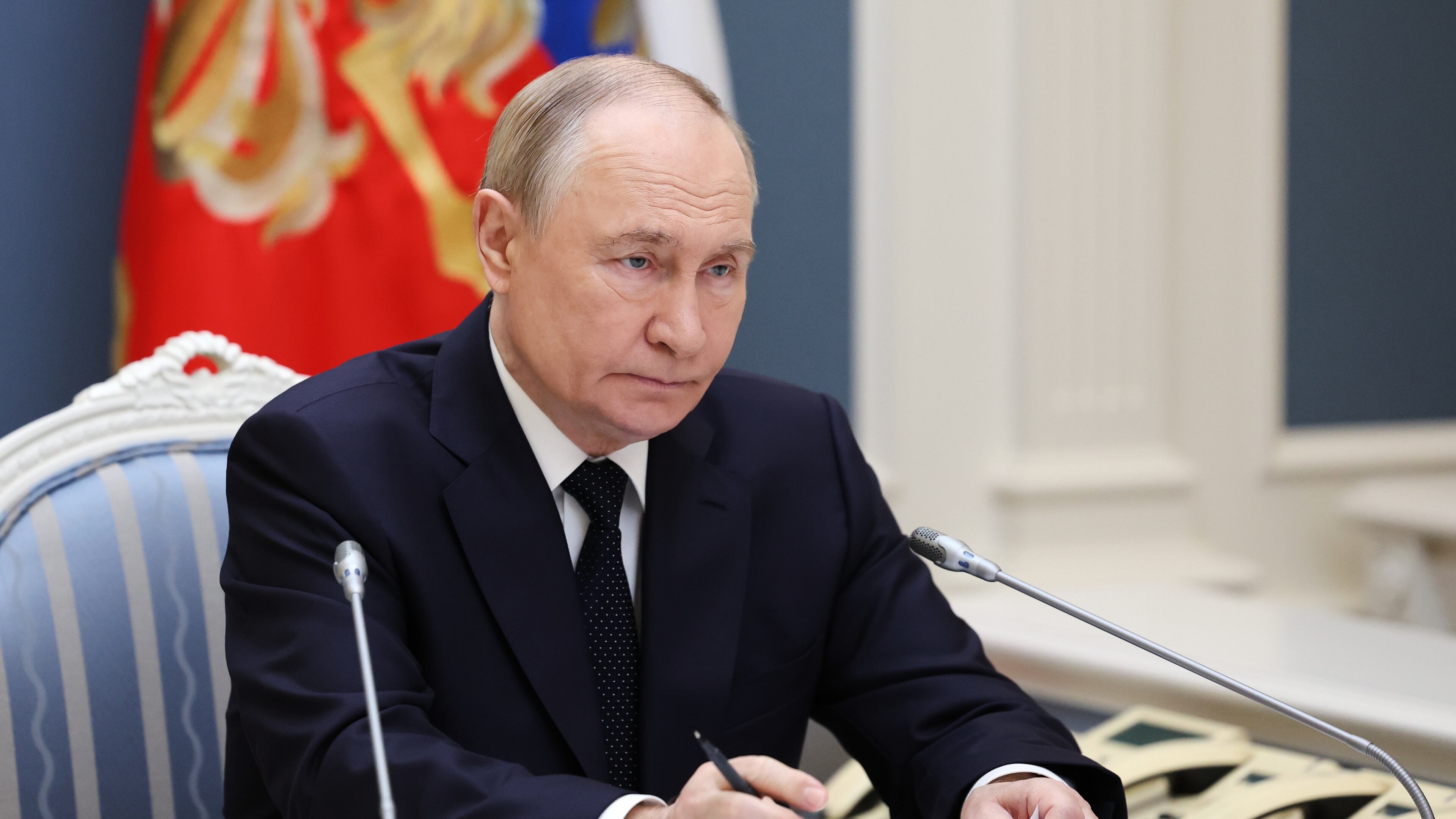 Russia President Vladimir Putin conducts a strategic nuclear forces exercise via videoconference from the Presidential Situation Centre at the Kremlin in Moscow, on Wednesday, Oct. 22, 2025. (Alexander Kazakov, Sputnik, Kremlin Pool Photo via AP)