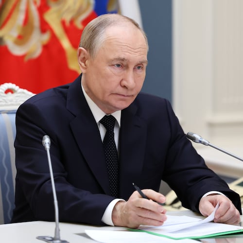Russia President Vladimir Putin conducts a strategic nuclear forces exercise via videoconference from the Presidential Situation Centre at the Kremlin in Moscow, on Wednesday, Oct. 22, 2025. (Alexander Kazakov, Sputnik, Kremlin Pool Photo via AP)