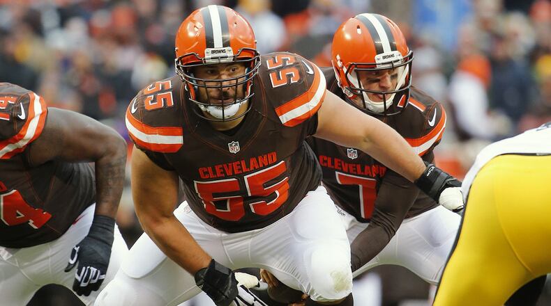 In this Jan. 3, 2016, file photo, Browns center Alex Mack is shown during a game against the Steelers in Cleveland. (AP Photo/Winslow Townson, File)