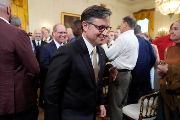 House Speaker Mike Johnson, R-La., departs an event to promote President Donald Trump's domestic policy and budget agenda in the East Room of the White House, Thursday, June 26, 2025, in Washington. (AP Photo/Mark Schiefelbein)