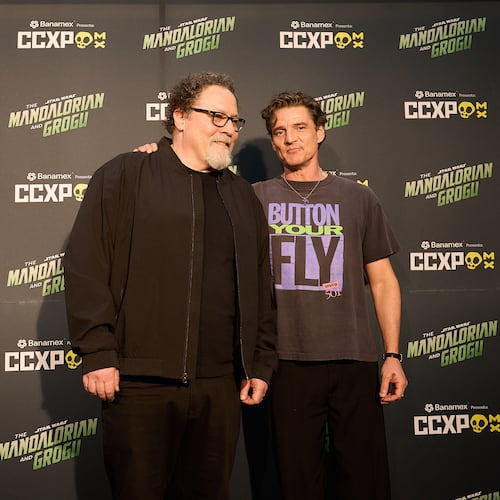Jon Favreau, left, and Pedro Pascal pose for photos at CCXP Mexico in Mexico City, Sunday, April 26, 2026. (AP Photo/Ginnette Riquelme)