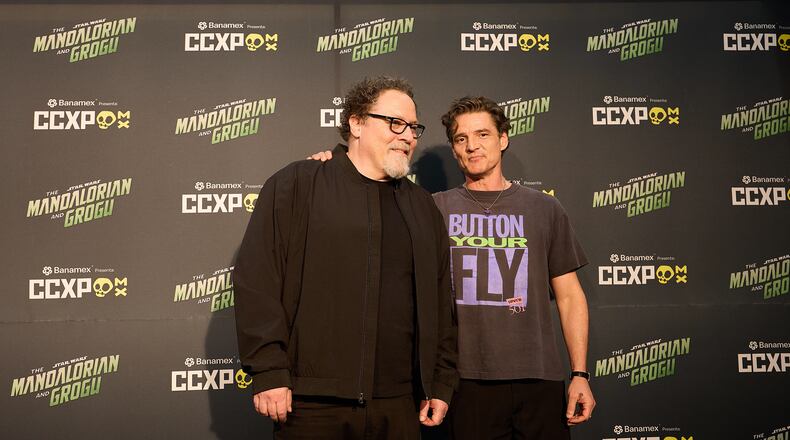 Jon Favreau, left, and Pedro Pascal pose for photos at CCXP Mexico in Mexico City, Sunday, April 26, 2026. (AP Photo/Ginnette Riquelme)