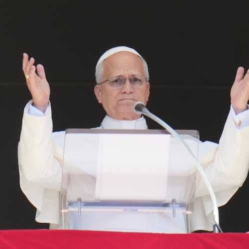 Pope Leo XIV delivers the Angelus noon prayer in St. Peter' s Square, at the Vatican, Sunday, Sept. 20, 2026. (AP Photo/Gregorio Borgia)