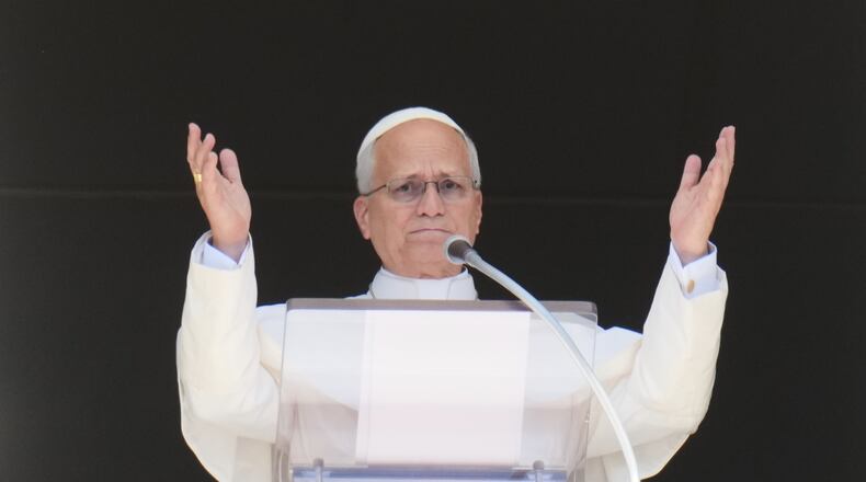 Pope Leo XIV delivers the Angelus noon prayer in St. Peter' s Square, at the Vatican, Sunday, Sept. 20, 2026. (AP Photo/Gregorio Borgia)
