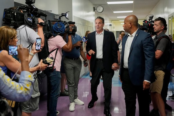 New York mayoral candidate, former N.Y. Gov. Andrew Cuomo, arrives to vote in the Democrat mayoral primary election in New York, Tuesday, June 24, 2025. (AP Photo/Richard Drew)