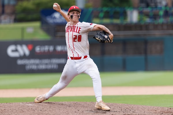 Senior Jake Boland pitched a complete game and drove in two runs to help Loganville beat Pope 3-2 in the first game of the Class 5A championship at Gwinnett Field on Monday, May 25, 2026, in Lawrenceville. (Estela Muñoz/AJC)