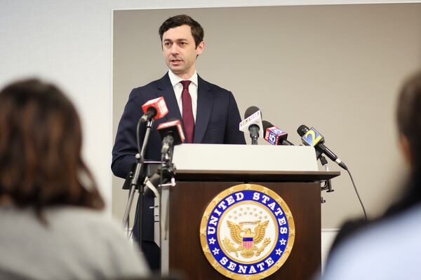 Senator Jon Ossoff speaks to members of the media, Monday, May 19, 2025, in Atlanta. Sen. Ossoff hosted an oversight session in Atlanta alongside Georgia renters and an expert as part of Ossoff’s ongoing investigation. (Jason Getz / AJC)