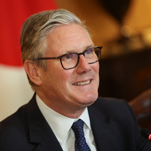 Britain's Prime Minister Keir Starmer and Japan's Prime Minister Sanae Takaichi, not pictured, attend a business roundtable meeting in Downing Street in London, Sunday, June 14, 2026. (Toby Shepheard/Pool Photo via AP)