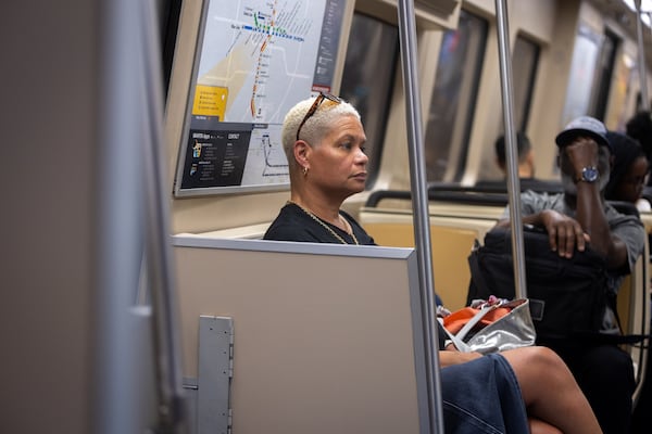 Lurelia Freeman rides a MARTA train in Atlanta for her commute from work on Tuesday, Sept. 30, 2025. (Arvin Temkar/AJC)